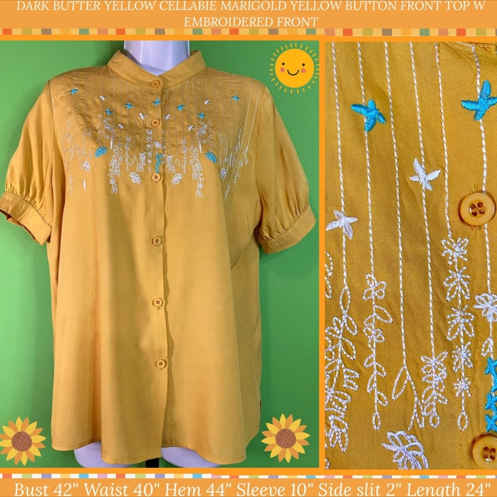 DARK YELLOW CELLABIE BUTTON FRONT TOP W EMBROIDERED FRONT PAIR IT  W JEANS